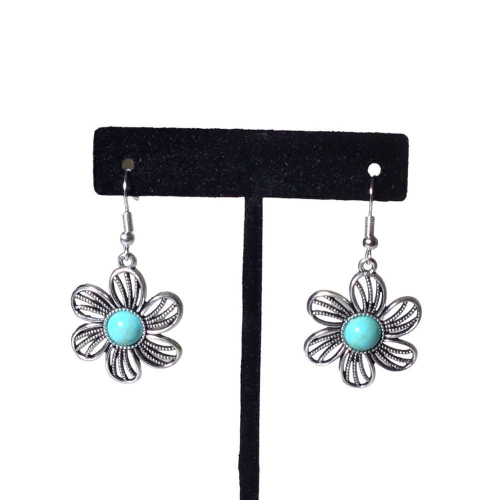 Silver‎ Faux Turquoise Flower Drop Earrings